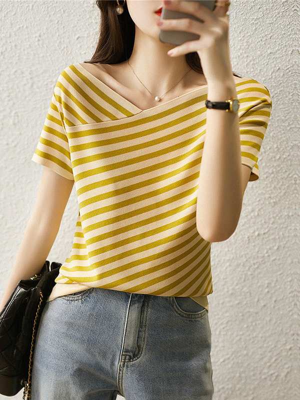 Mode gestreiftes Strickhemd V-Hals Casual Tee für Frauen
