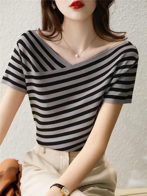 Mode gestreiftes Strickhemd V-Hals Casual Tee für Frauen