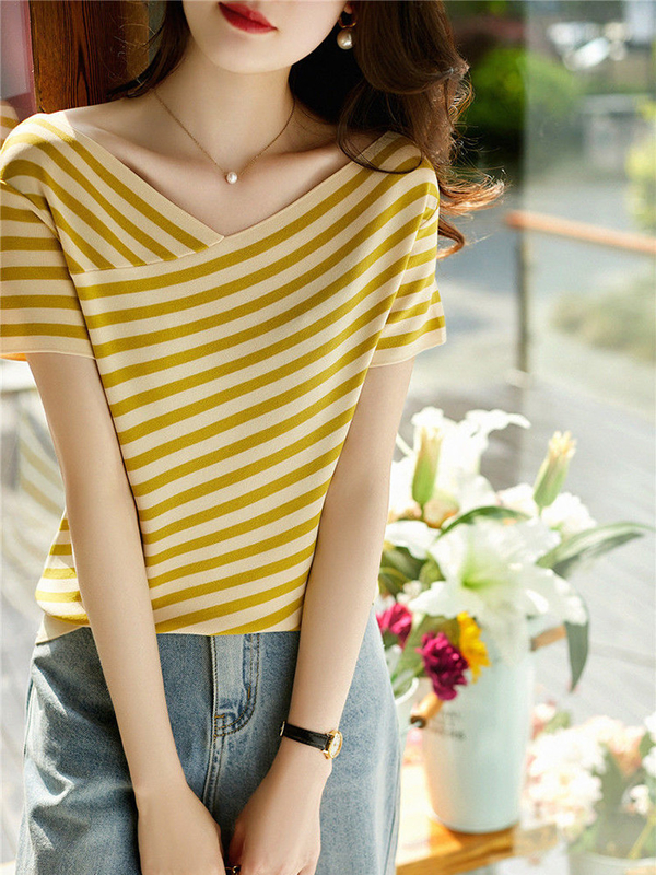 Mode gestreiftes Strickhemd V-Hals Casual Tee für Frauen