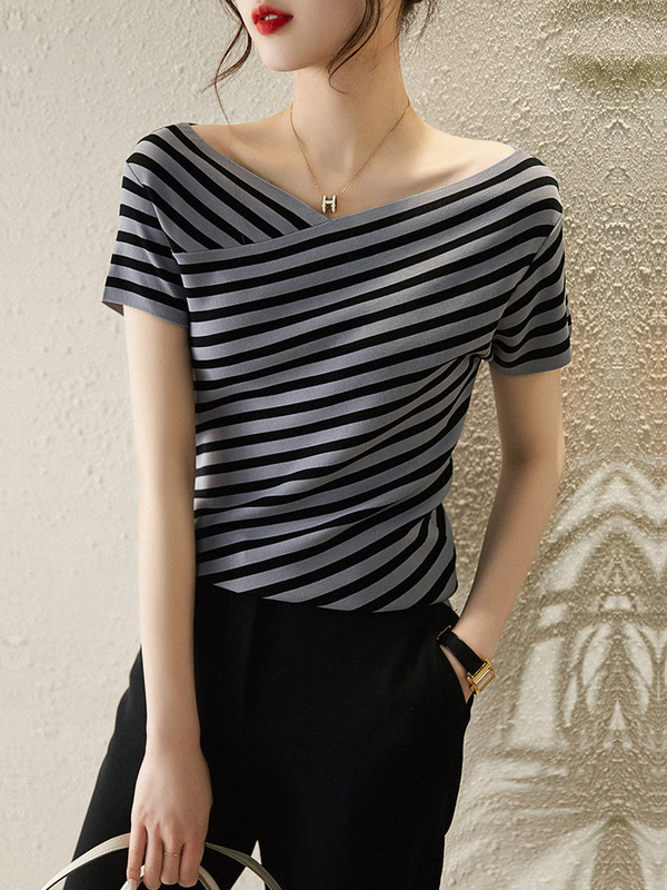 Mode gestreiftes Strickhemd V-Hals Casual Tee für Frauen